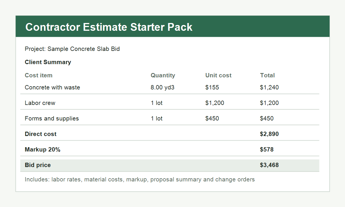 Preview of a construction estimate workbook with costs and bid summary