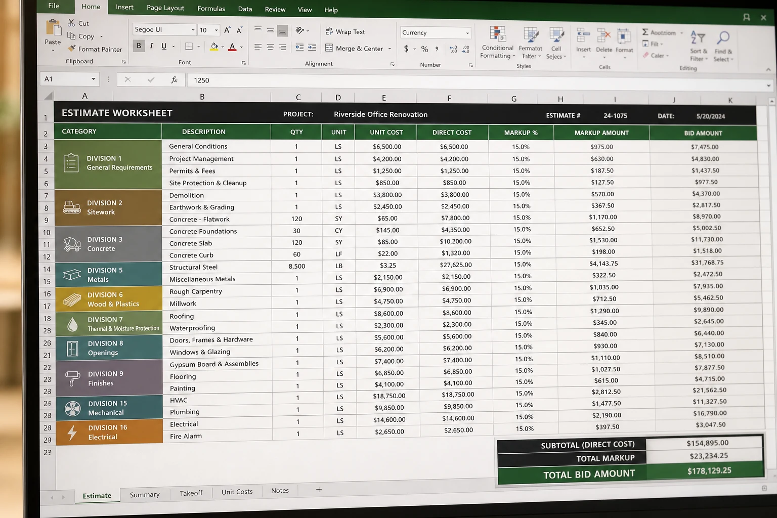 Illustrative estimate workspace with divisions, pricing columns, markup and bid totals